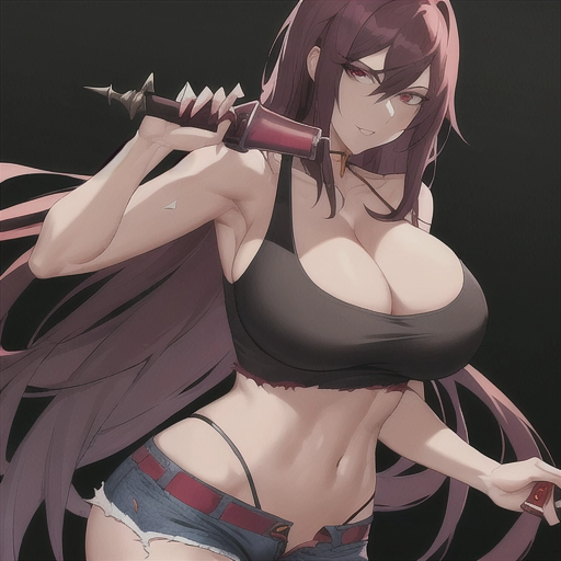 Sexy woman with tight jean shorts that are ripped up wearing a tank top with lots of cleavage holding a dagger in her left hand and a round red potion bottle in her right hand on a black background