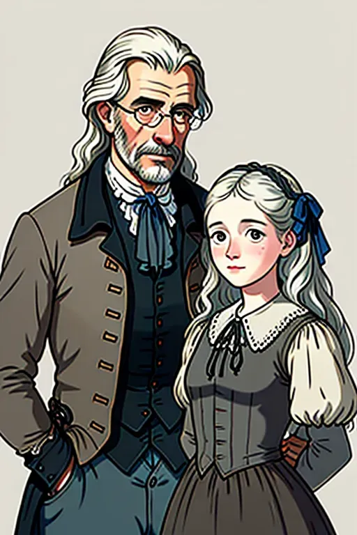 illustration, portrait, 8k, best quality, natural colors, highly detailed, clear lines. Early 18th century portrait. A pretty Anabaptist young woman standing with her handsome, rugged, strong father.