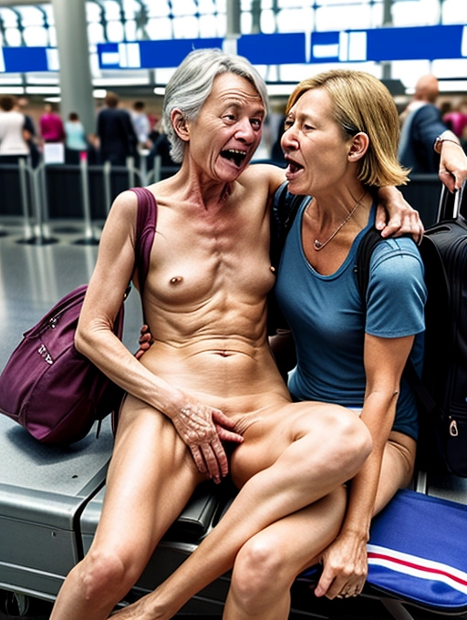 a naked middle aged lady, realistic face, is getting her (vagina licked by her girlfriend:1) in a crowded airport