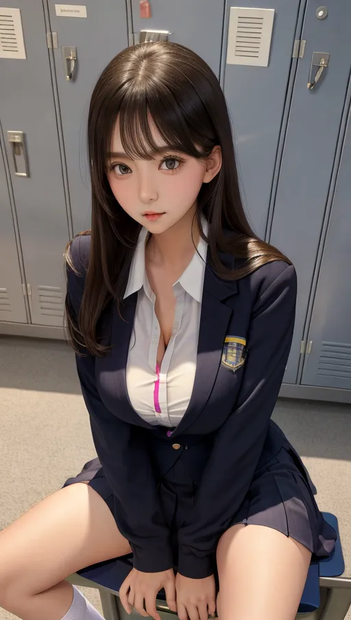 1girl, school uniform, sexy , giant sagging breasts, oversized tits, sagy tits, locker room, sitting, cleavage