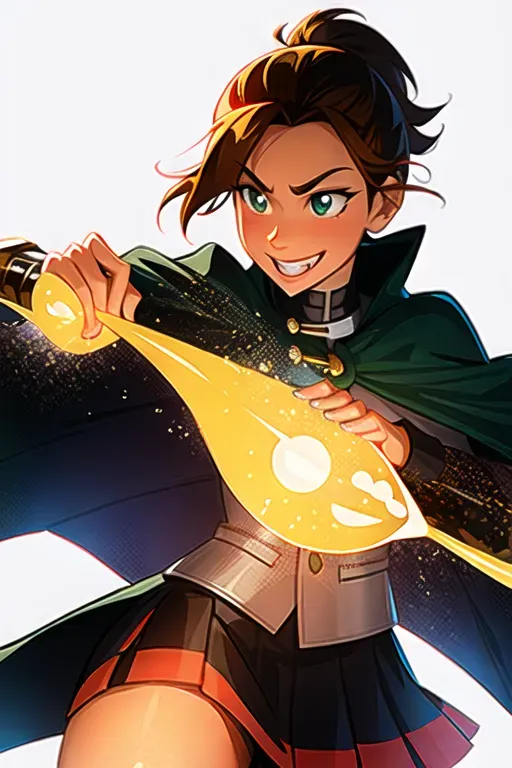 sam yang, best quality, masterpiece, 1girl, detective female guardian of the earth, Sergeant rank , green checkered inverness cape , detective clothing female sherlock holmes , detective equipment on, disney princess messy short brown hair, green bright eyes , athletic build strong and fit bodytype in prime , leader of the team headstrong looking , wearing skirt with white accent, lava rock bending , lava powers , grinning golden smile, single golden fang, anime digital art ((masterpiece)) <lora:dpmg_sam_yang:1>