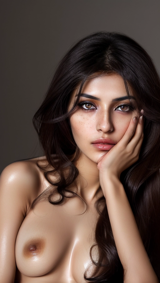 Masterpiece, (realistic, photo-realistic:1.37), A high 8k resolution photo shot of an Iranian woman, gorgeous long face face, thoughtful expression, brown eyes, rosy cheeks, thin dark eyebrows, dark brown middle eastern skin, (long messy black hair)), heavy eyeshadow, freckles, black eyeliner, (((completely nude))), long lashes, medium breasts, dark red lips, highly detailed skin textures, highly detailed eyes, blue plain background, defined cheek bones, wide and short neck, professional photograph, dramatic lighting, looking at camera,