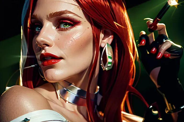 Very pretty woman with long red hair and green eyes and she has a white cigarette in her hand, red lips, she is wearing big silver earrings, realistic photograph against a pure dark background, indoor shadowy lighting