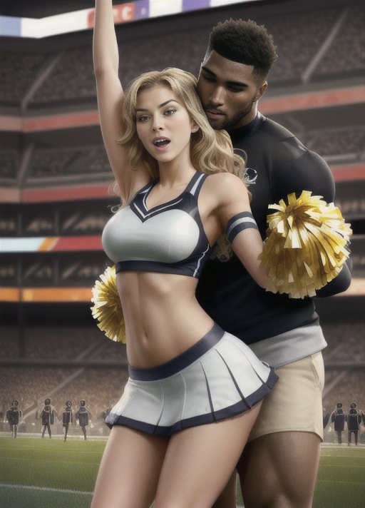 Gorgeous cheerleader sexually groped and kissed by tall black football player, passionate, hand between her legs