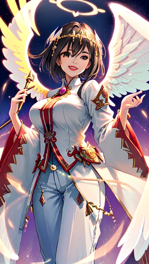 a 64k high detailed photo of Female Goddess with clothing, HDR, Professional, Highly Detailed, ((In pants))) ((In Shirt)) ((Has Attire)) Godly Ultra Detailed Best Quality Most Detailed ((Angel Wings)) Angelic Lighting Love Hope Magic casting Smiling Queen happy Glory Warrior Angels Angelics Positivity Happiness ecstasy enraptured sweaty saving God Royalty Morality Goodness True Good Power Force Authority Ethical Saviour Halo short Hair Always and Forever Sentimental in heat hot ultra hot best best lighting tantric Neutral Brilliant Logical Compassionate Perfect Perfection Exciting Integrity Winged Courage Purity Harmony Beauty mark on upper lip ((Female)) Ethereal Lighting Celestial Lighting (((With Clothes))) ((With God Item)) ((God Tech)) (God Technology) with items of power God Wings ((Afterlife Light)) (Perfect Tits) (Perfect Ass) (Perfect Body) (Perfect Anatomy) (Love Worship) ((God Light)) ((God Staff))) ((God Weapon)) (Spirituality) (Erotic) (Pinup) (Romance) (Smiling) ((Happy expression)) ((Angelic Glow)) ((((Has Clothing On))) accessories