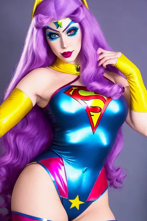 A 25 year old female superheroine, large breasts, dressed in a sexy circus costume, circus makeup, long purple hair. Pale Blue eyes, comic book style