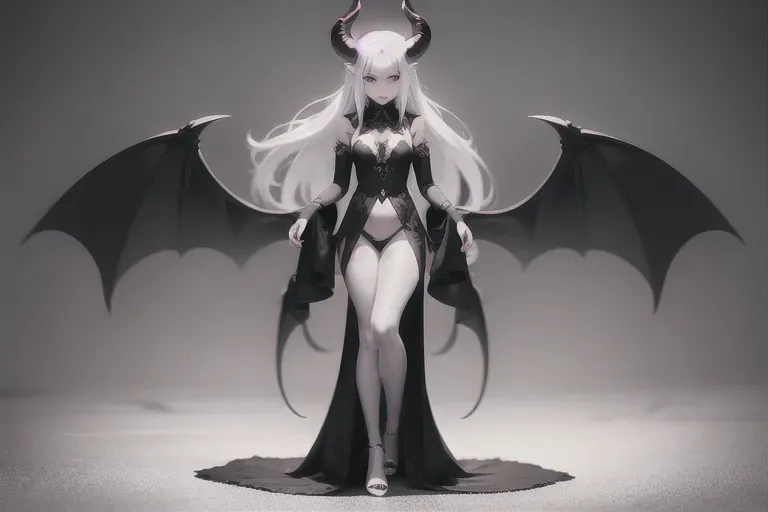 Sexy demon woman, 20 year old, dark eyes, gray skin, white hair, demon horns and wings, full body shot, standing over viewer, looking down on, devil tail,