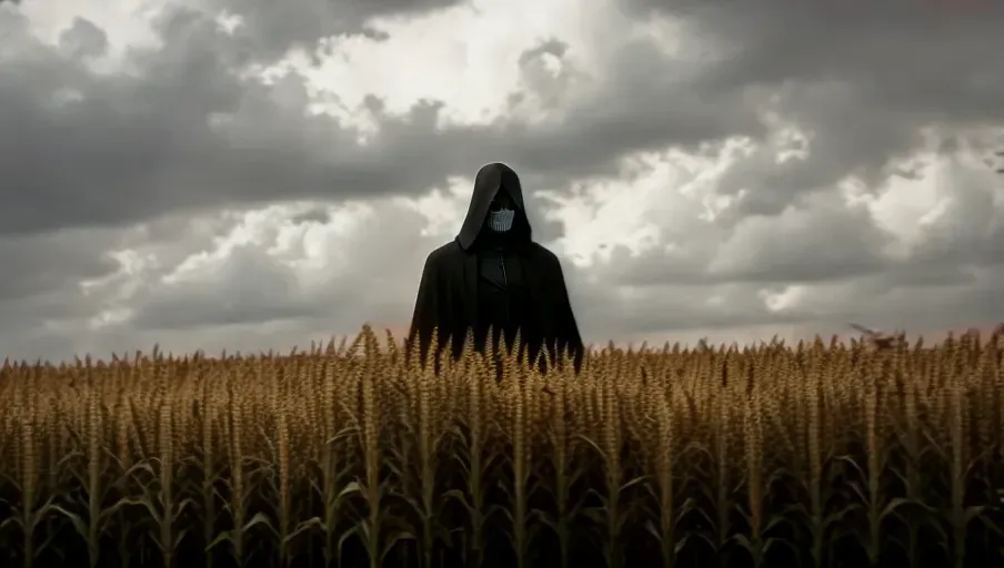 grim reaper,face covered, corn field, corn growing, gloomy sky