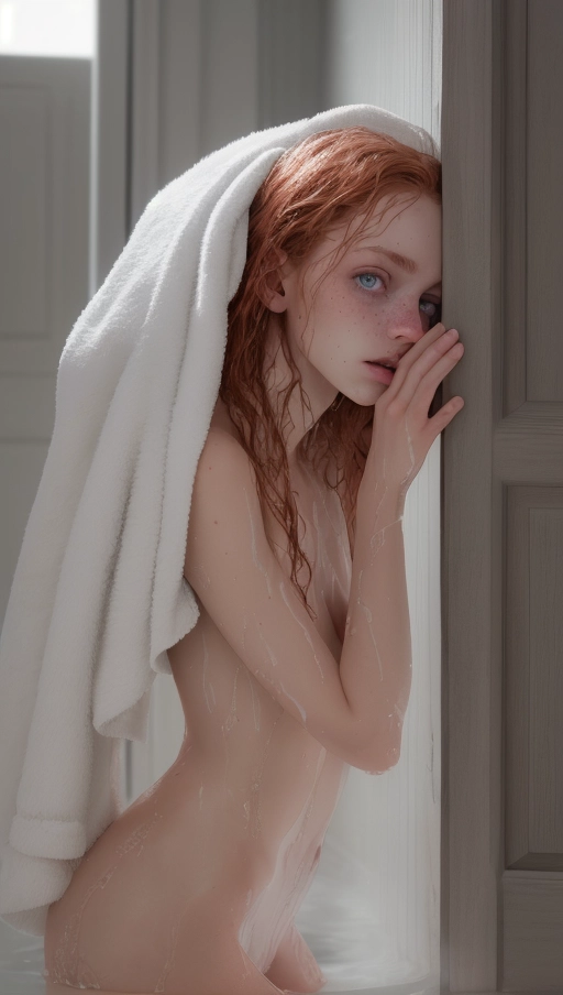 <lora:midjourney-V6:1>, slender skinny pornstar redhead (((realistic image of incedibly small skinny pornstar Maddi Collins))), 18 year old, intense eyes. ((Pornpics.com)), ((((real)))), freckles, after shower. real photo standing in doorwaydoorway hands on lips wearing ((bath-towel)) with wet hair, looking absolutely alluring, follow me eyes, looking up at camera, natural pose, realistic lighting, realistic skin texture, 16k award winning image for realism, wet after shower wrapped in towel