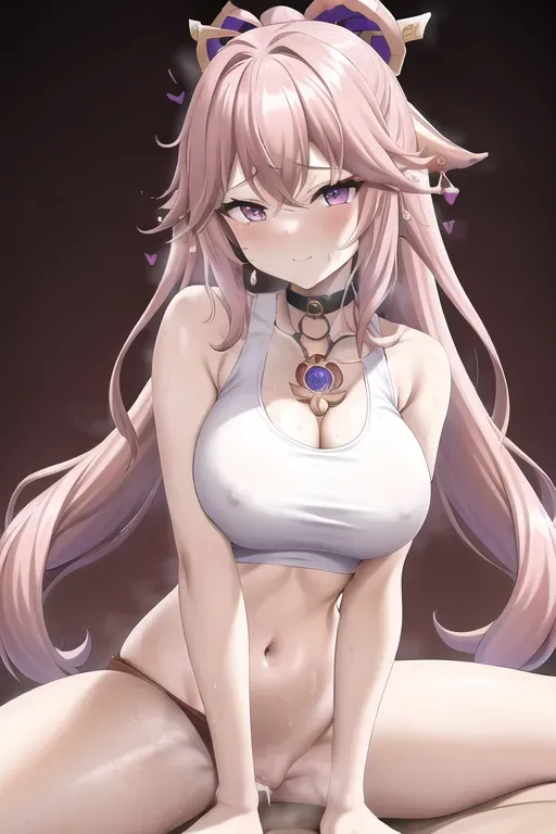 best quality, masterpiece, 1girl, 1boy, yae miko, sex, nsfw, dpmg_cowgirl_v1, purple eyes, long hair, pink hair, low tied hair, medium breasts, mature female, (white tank top, tank top, crop top, white top), clothed sex, blush