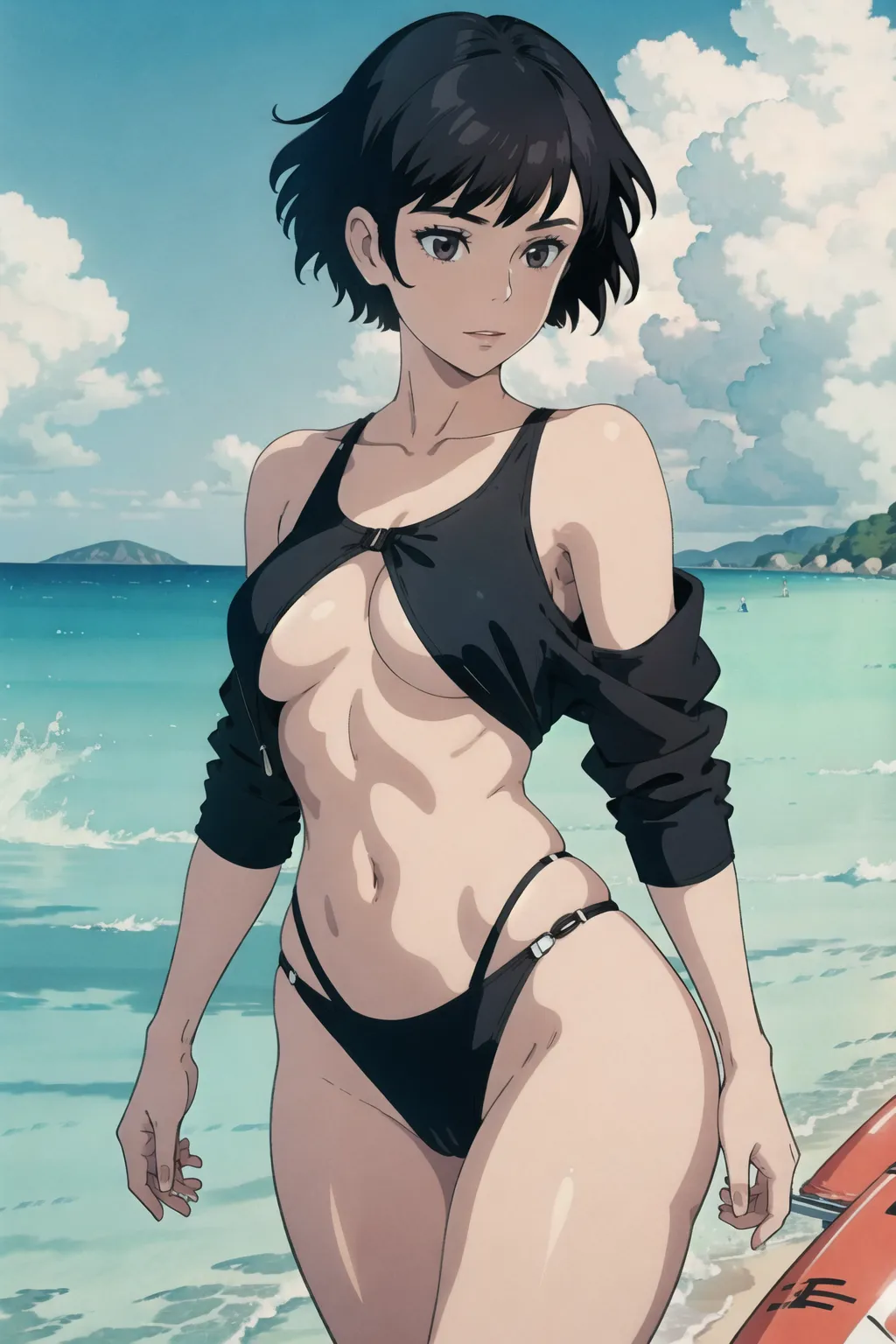 A woman, short black hair, nsfw, small boobs, swim suit, close up, <lora:dpmg_ghibli_style:0.92>