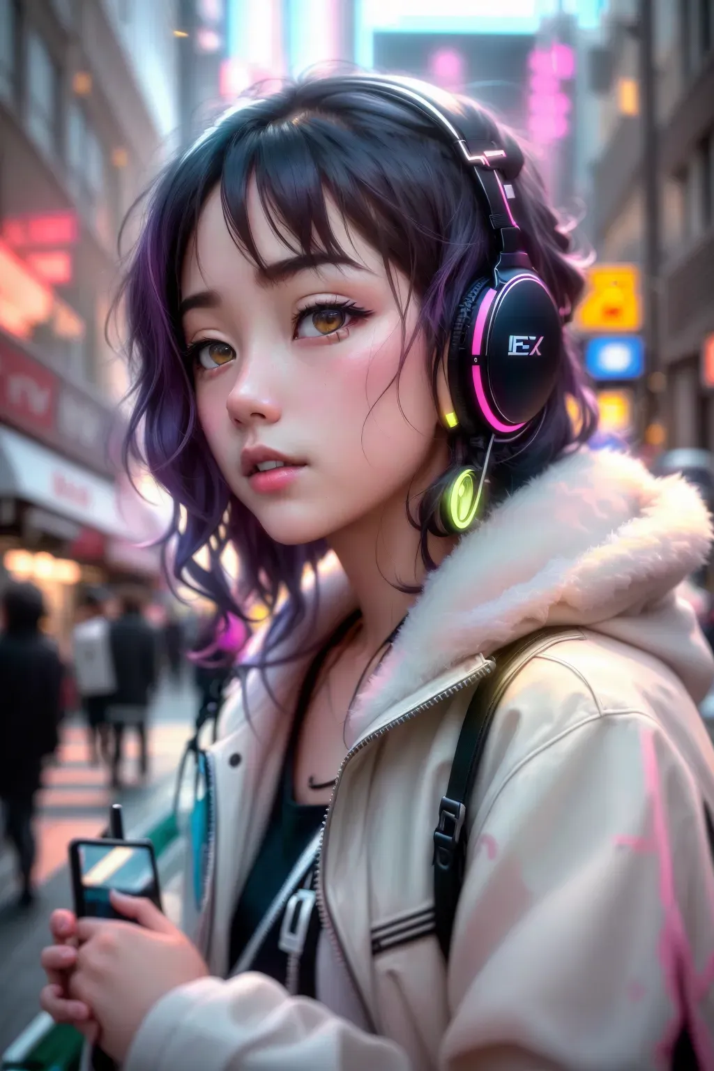 Masterpiece, digital photo, aesthetic girl, hd desktop wallpapers, in the style of neon realism, postmodern portraiture, layered street scenes, precisionist art, gadgetpunk, eerily realistic, fine art realism, Fujifilm X-T4, Sony FE 85mm f1. 4 GM --q 2 --s 750 --ar 3:4 --style raw --v 5. 1 --q 2 --s 750 --style raw