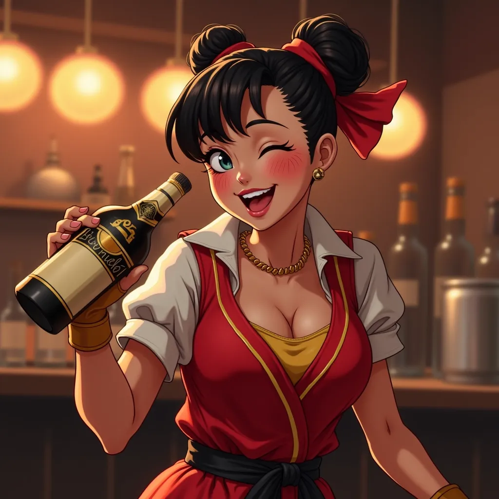 street fighter, chun li as a bartender, laughing, full body