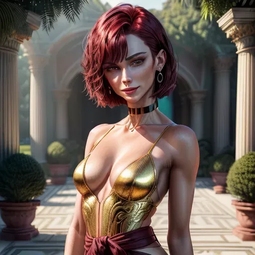 (Ultra realistic illustration:1.2), (face portrait of Vicca from Andrew Blake movies aka Viktoria Kokorina:1.2) (short darkred hair:1.2), (high cheek bones:1.4), medium breasts with erect nipples, perfect body, toned body, abs, large golden earrings, golden choker, golden bracelets on upper arms and wrists, (detailed sexy eyes:1.2), thin arched eyebrows, very beautiful face, (erotic and mysterious smile:1.1), (portrait focusing on body from waist and up:1.2),
Andrew Blake film location at luxurious italian marble mansion with luxurious gardens with green grass and trees, large pool, marble status and columns,
<lora:dpmg_add_detail:1.4>, vivid colors, cinematic composition, artificial light, UHD, HDR, highest quality, highest resolution, (photorealism:1.2), (masterpiece:1.4)