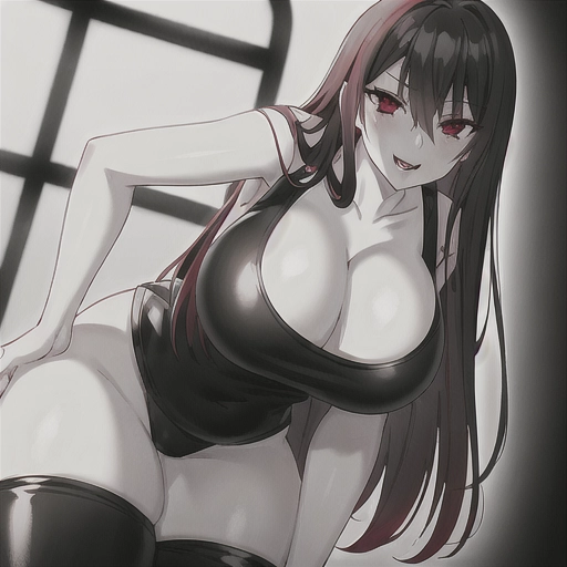 POV Shot in black and white with a splash of red of a very detailed innocent looking thin female vampire with dark hair showing cleavage, wearing a tank top and black leather pants in a dimly lit room with a large window showing a clear night sky and a dildo next to her