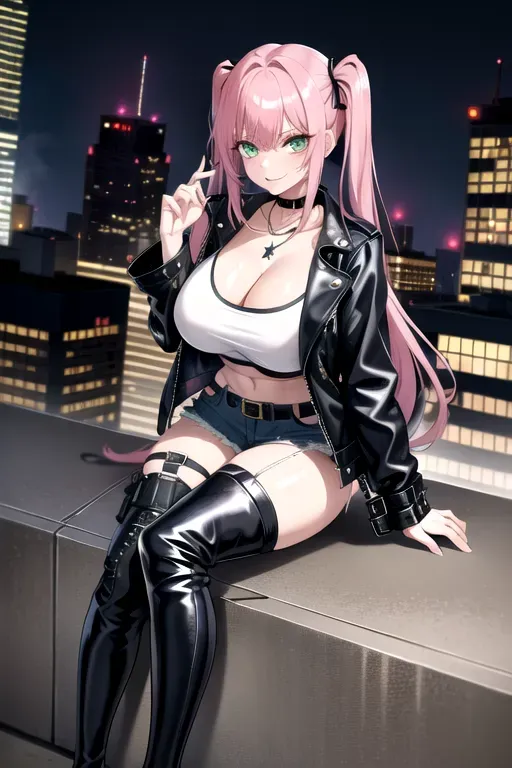 full body, pink hair, green eyes, short girl, denim miniskirt, black high heeled boots, looking at viewer, long hair, pale skin, silver necklace, black crop top, 24 years old, giant breasts, cute face, pov, wavy hair, city environment, Oklahoma City, wide eyes, erotic, skirt tug, leather jacket, nighttime, black backpack, slim body, low pigtails, sitting on wall, smiling, thigh high boots, cleavage