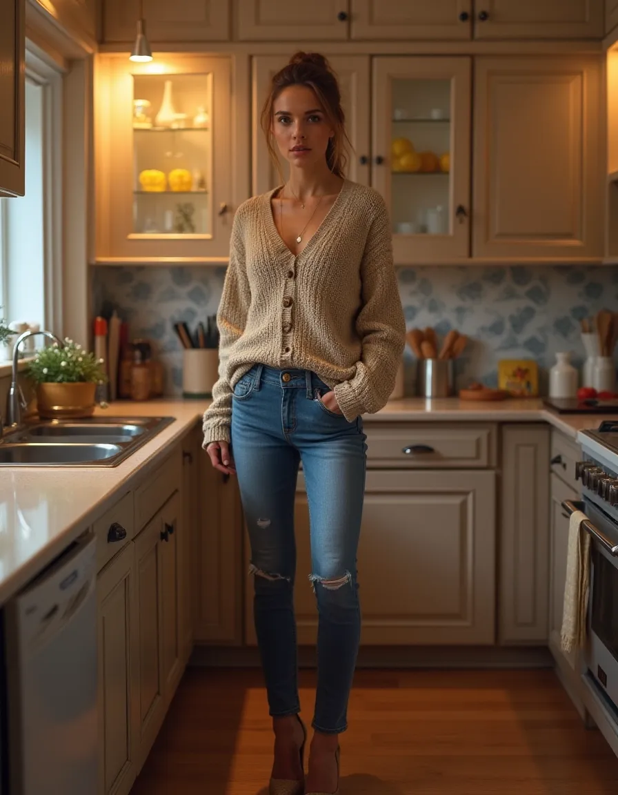 Lisa Cantori is a 20 year old Italian American woman,standing in my kitchen during a house party , beautiful face, perfect makeup, full lips, almond shaped eyes, high cheekbones, full length image, she is wearing jeans, wearing a sweater, wearing heels, hair in a pony tail,