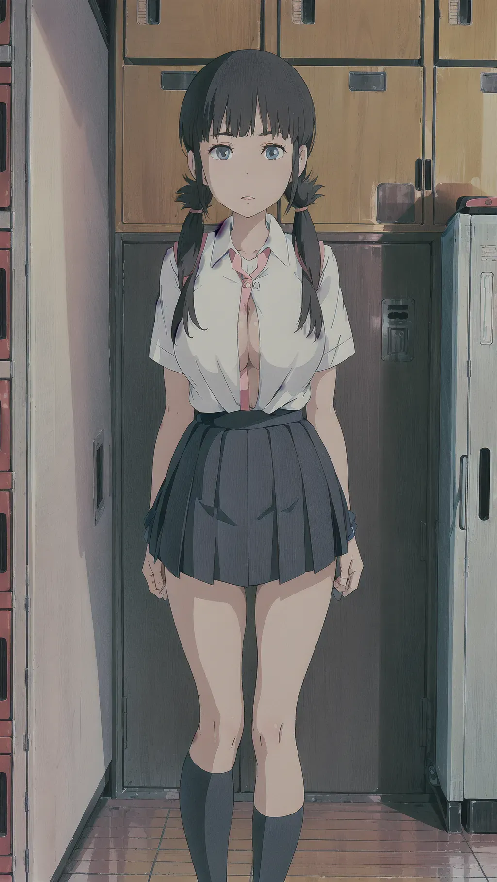 ghibli style, japanese schoolgirl, 18 years old, thigh gap, skinny
big breast, standing in the hallway at school, at her locker, posing, teasing, pigtails, unbuttoned, pleated skirt, black hair, blue eyes <lora:dpmg_ghibli_style:0.92>