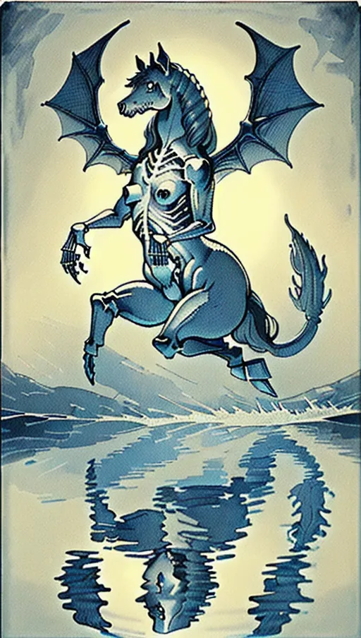 ((128k masterpiece)) (In water reflection is skull image) vintage etching style illustration of a Scottish kelpie water creature, (((Vintage line etching style))). a bestiary image of a traditional (welsh kelpie fantasy mythical creature), dynamic compositional poster art)), kelpie:1.5 water dwelling horse of sadness, ((half-horse-half-fish)) as in water reflection skeletons hands raise from water skulls in water ripples pattern