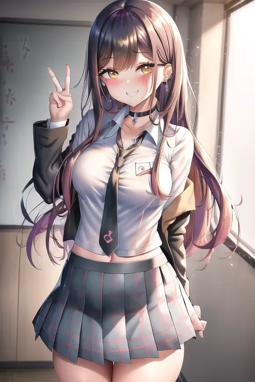 best quality, 1girl, standing, grin, peace sign, earrings, (barbell piercing), looking at viewer, collared shirt, black choker, necktie, skirt, classroom, dpmg_marin_kitagawa_v1