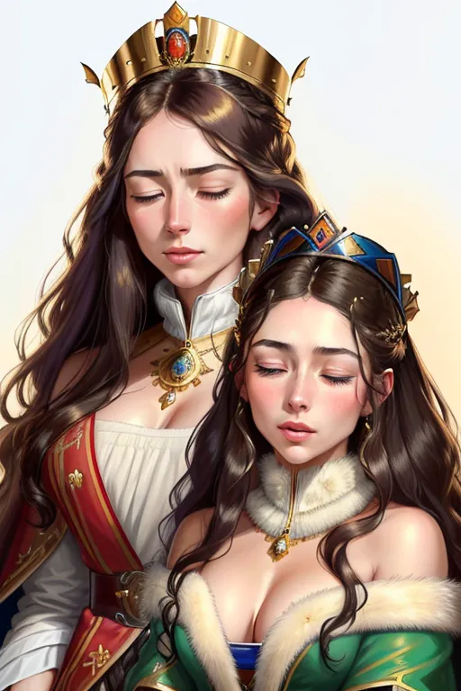 Colour painting of a Young Queen Alexandra and Empress Elisabeth of Austria, ((accurate faces)), ((long dark hair)), ((naked)),((bare thighs)), fur cloak over their shoulders, smooth skin, sexy butts, fine beautiful bodies,((winter landscape)),(detailed skin features),(detailed face features), beautiful faces, (detailed body features), beautiful eyes,
They must be having a powerful (((sneezing fit))) ((sneezing)) allergy, hay fever, with nostrils flaring, ((eyes closed)) and ((their mouths wide open)),