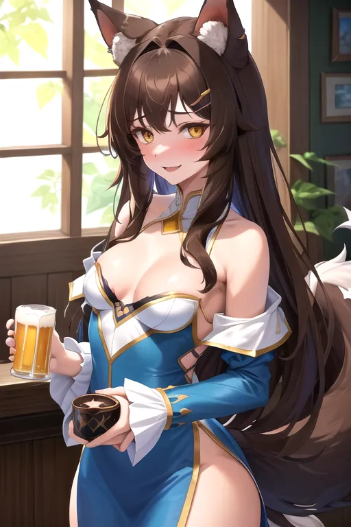 best quality, highres, ultra-detailed, wolf, wolf girl, wolf_ears, wolf_tail, fluffy_ears, fluffy_tail, ((long tail)), (((darkbrown_hair))), yellow-brown_eyes, (((small_breasts))), covered_breasts, upper_body, lower_body, cleavage, very_long_hair, (((detailed hands))), good hand, 18, young aduld, highly detailed, wide shot, tavern, holding one mug of beer, tavern, adventurer outfit, well dressed, blue dress, isekai, cute, innocent, blush, shy, happy, standing behind a counter, (((correct anatomy))), medival, ((sfw)), safe for work, clothes, adventurer clothes