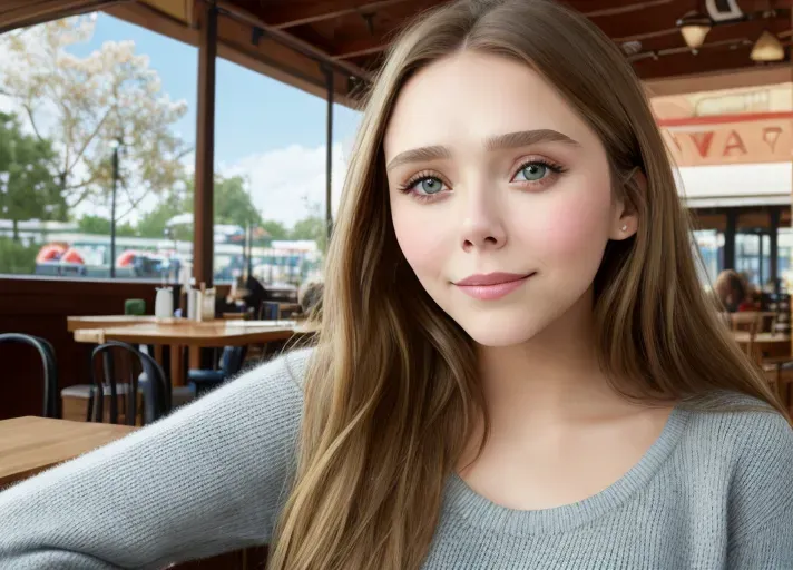 a realistic photograph , 8k , best quality , of elizabeth olsen , with a teenage face , with playful eyes , sitting in a cafe , ((massive breasts)) , beautiful eyes , beautiful face , smiling at me