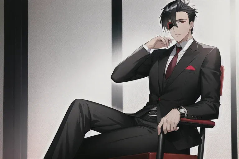 man, red eyes, black hair, mature man,handsome,smooth skin,sharp eyes,eyepatch in left eye,tall, athletic body,sitting in chair,mafia suit,silver watch,HD