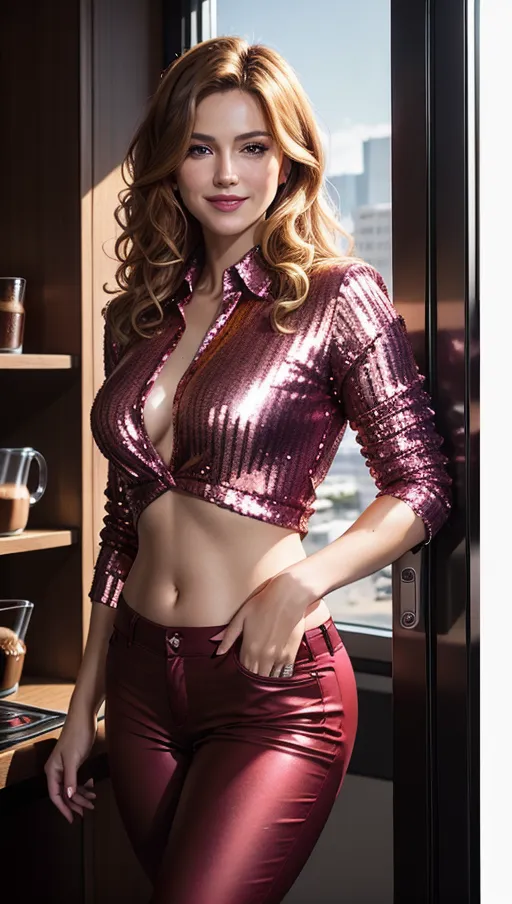 A professional photograph, a beautiful woman (20) in (a disco burgundy (glowing:0.6) trousers) and an (sequined crimson (see-through:0.9) shirt) is (waiting next to the coffee machine at the office), wavy blonde hair with (auburn highlights:0.7), (smiling:1.1), beautiful face, beautiful eyes, highly detailed, stomach exposed, in a bright office with sunlight coming from side windows, vivid colours, cinematic lighting, cinematic composition, UHD, HDR, highest quality, highest resolution, (photorealist:1.72),(photorealism:1.72), (masterpiece:1.18), --s 250 --v 5.2