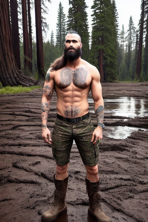 man, ((long hair)), no shirt, no pants, work boots, redwood trees, mud puddle, sunset, cabin, salmon river, logger, united states marines tattoo, (I love mom tattoo)