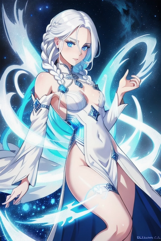 White hair in a braid, blue eyes, elden ring, erotic, high detail, 4k, celestial, holographic, small breasts, mature, medieval dress