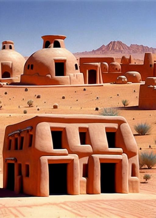 A tatooine town, made up of adobe houses, and resembling an old-west town.