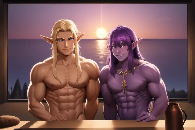 illustration, 20 year old, an elf, muscular, naked, purple, photo studio, sunset, studio light, happy, 8k, professional