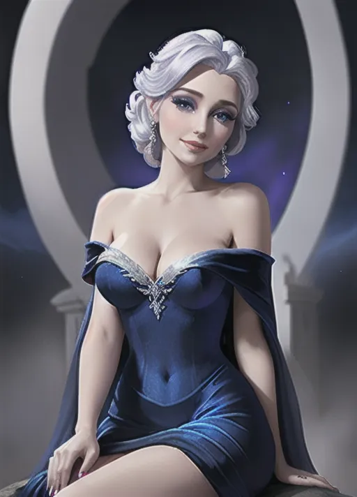 Beautiful glamorous sultry Queen Elsa of Arendelle with her sapphire eyes, purple eyeshadow, warm smile and platinum hair, in a dark blue velvet off the shoulder gown with white fur trim around the shoulders. dark blue light weight silk cape stemming from midway between her shoulders. a sprig of holly in her hair. sitting side saddle on a reindeer. photorealistic.