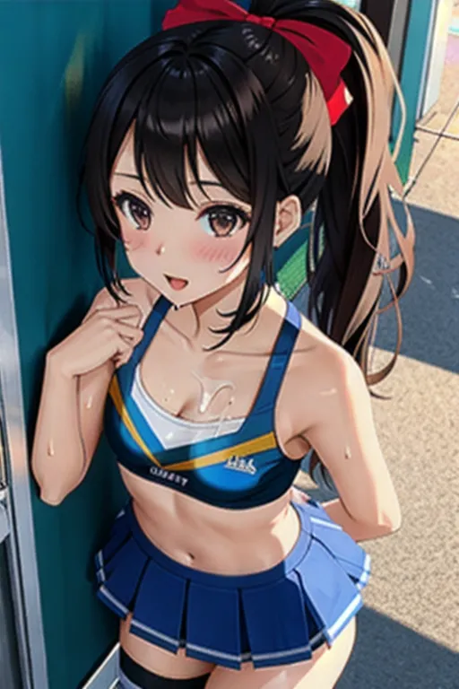 seductive cheerleader, small breasts, covered in cum