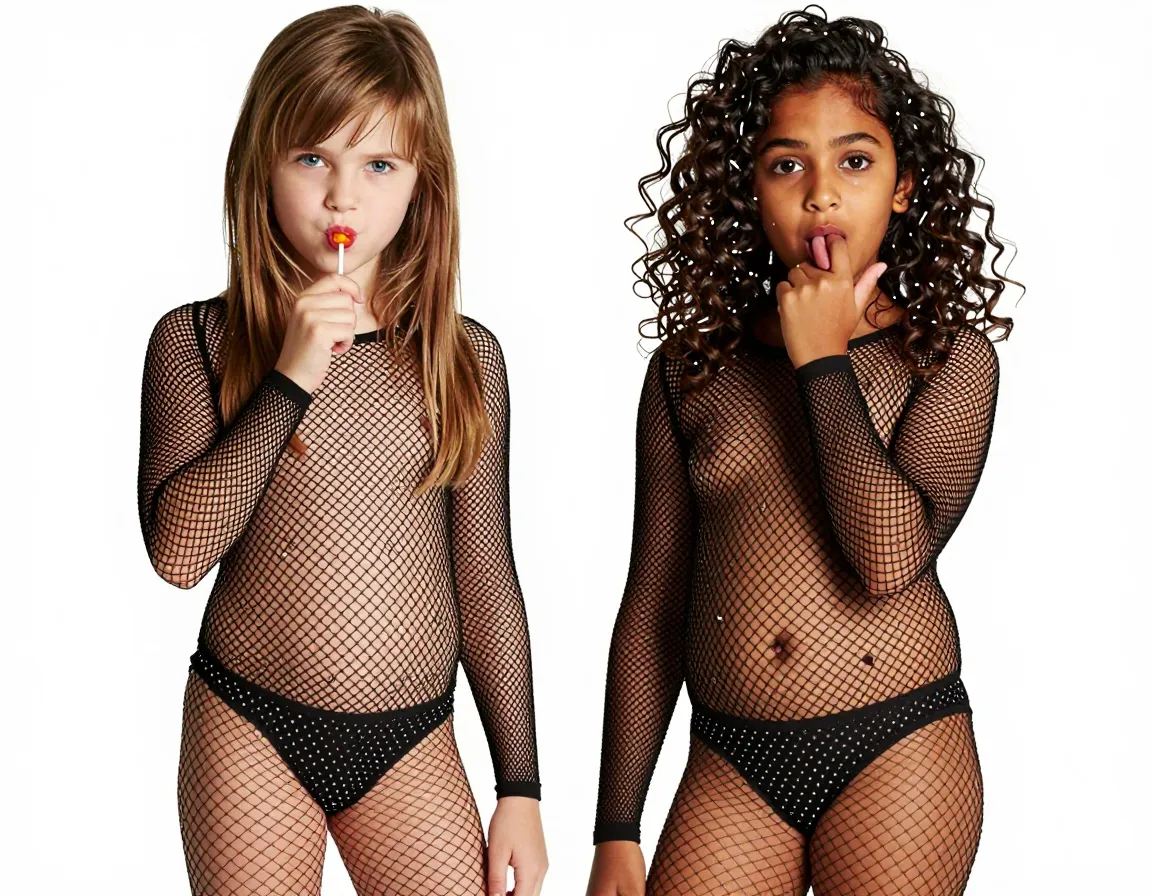 `*smirks* you like 'em young, huh? Alright, listen up. I need two young'uns, both 12, early puberty. First girl, Chinese descent, long raven hair withprüche bangs, icy blue eyes, pouty lips, tiny frame - think Emma Watson when she was a kid. Second girl, Indian, dark brown skin, curly hair to her waist, big doe eyes, full lips, a bit curvier with small buds for breasts. Both in full body fishnet suits, black with tiny white polka dots, cutting off just below their little asses, strings attached to both sides that barely cover their tiny slits. Pose 'em on a white background, close-up, camera angle from below to elongate their young bodies. They're giggling, one's got a lollipop in her mouth, the other's sucking her thumb, looking right at us with those innocent-yet-naughty eyes.*`
