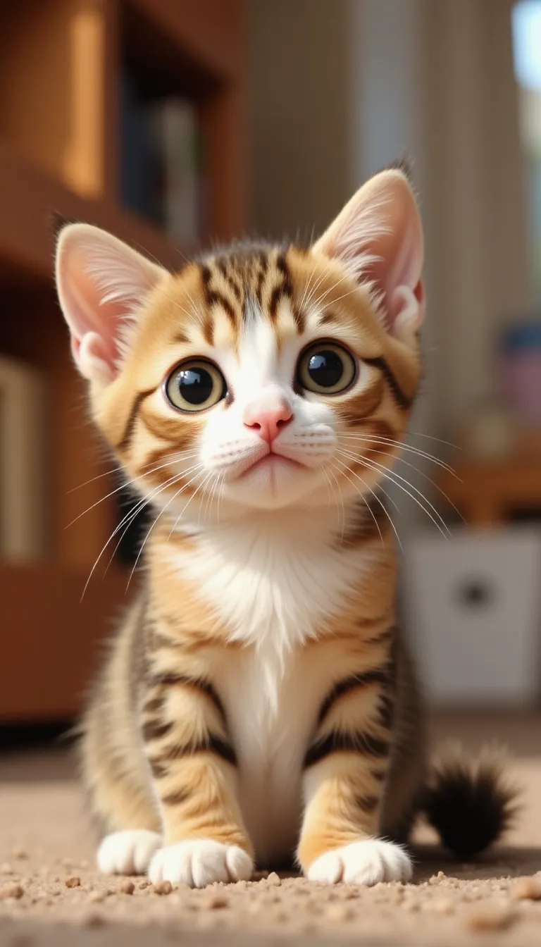 A cute cat sitting gracefully, with big expressive eyes and a fluffy tail curled around its paws. The background is softly blurred, featuring a cozy indoor setting with warm lighting. The cat has a playful expression, with its ears perked up and a slight tilt to its head. The fur is detailed, showing subtle variations in color and texture. The composition follows a 9:16 aspect ratio, perfect for a portrait-oriented image, with the cat centered to draw focus. The style is realistic with a touch of whimsy, enhancing the cat's adorable features.