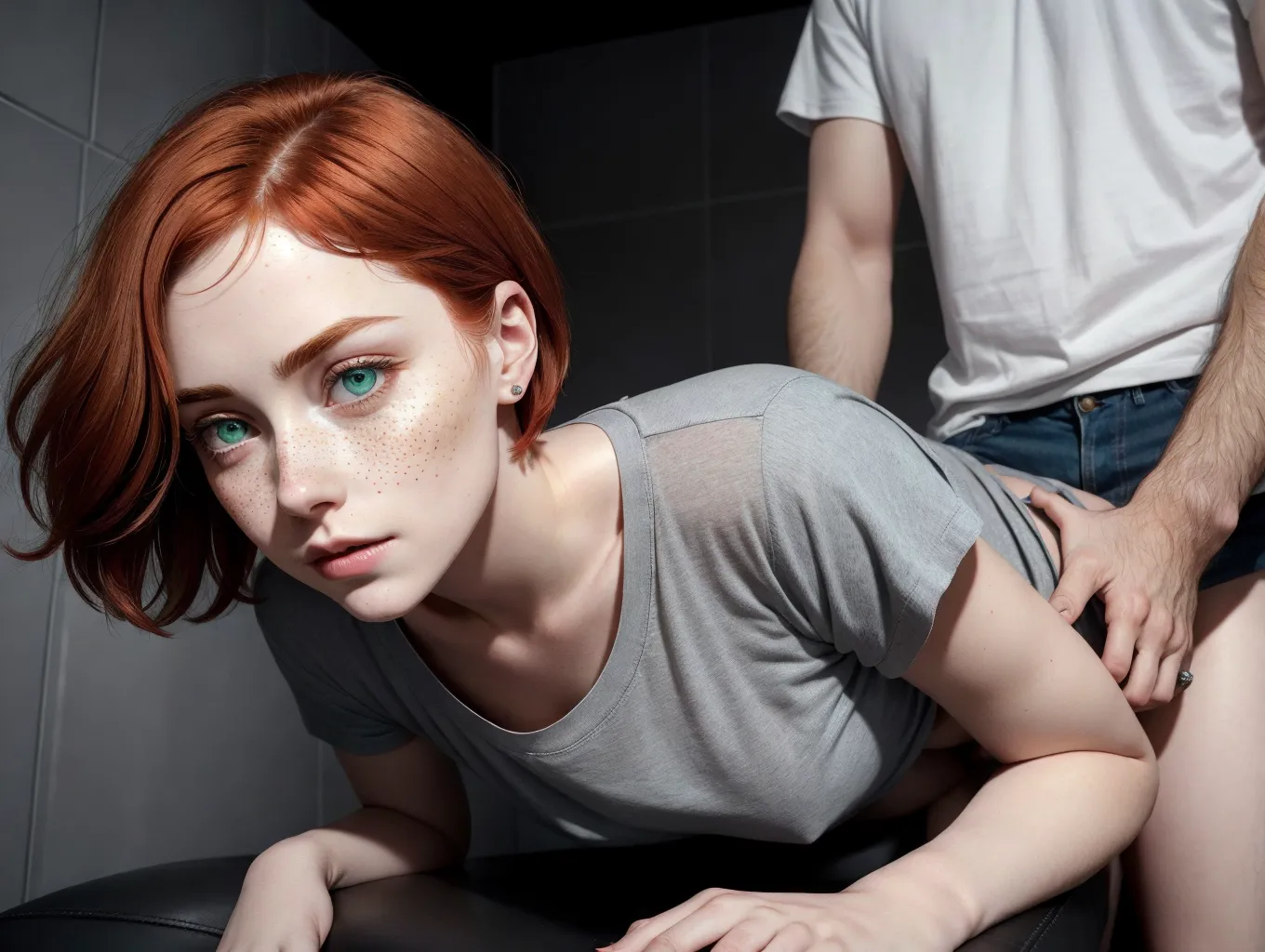 8k, hyper realistic, photo quality, natural redhead short haired woman, she is short, petite and thin, she has very pale skin, they are in a small dark dirty bathroom, she is getting fucked by a big cock, she has a round face, she has European features, she has a small button nose, she has sexy little lips, she has hazel eyes, <lora:dpmg_fucked_from_behind:1> she has flawless white skin, she is wearing a loose blue dress, one girl, one man, man is fucking her, man has pants off, man is a dark skinned Italian, woman has small little tiny breasts and nipples, she has flushed cheeks and neck, dark lighting, man has large thick penis, girl is intoxicated, high camera angle, rounder face, light freckles, she green eyes, she is cumming, low dim lighting, man is wearing a gray t-shirt, rough sex, hard fucking, perfect anatomy