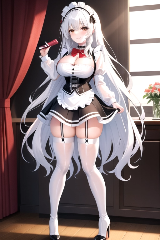 long hair, pale skin, white hair, brown eyes, black choker, giant H-cup breasts, wavy hair, maid uniform, smiling, full body photo, 28 years old, miniskirt, cleavage, high heels, red corset, 8k quality, red thigh high boots, in living room