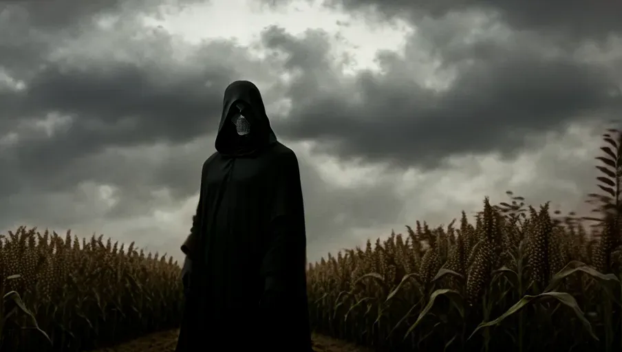 grim reaper,no face, corn field, corn growing, gloomy sky