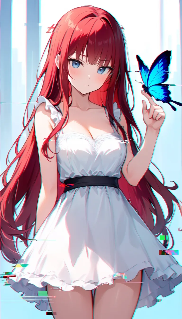 masterpiece, best quality, score_7, safe, 1girl, standing, white dress, red hair, a blue butterfly is on her finger, (glitch:2)