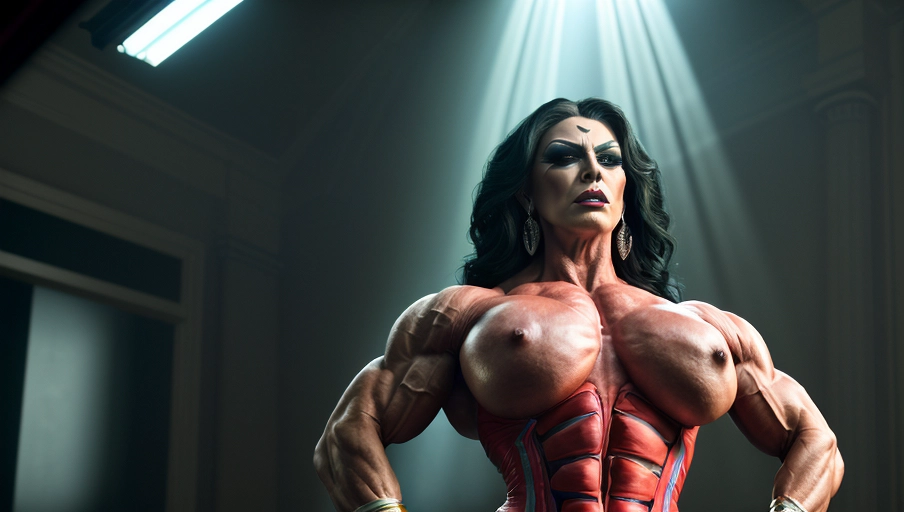 portrait of hyper muscular mature dragqueen, perfect face, strong facial features, muscular face, ugly, hands on hips, extreme makeup, long dress, huge jaw, steroid face, vivid colors, god rays, cinematic shot, dynamic lighting, 75mm, Technicolor, Panavision, cinemascope, sharp focus, fine details, 8k, HDR, realism, realistic, key visual, film still, cinematic color grading, depth of field