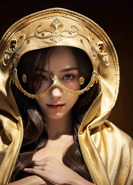 a beautifull young woman dressed in a cloak wearing a venetian mask you can see clearly the eyes nose you can see clearly the mouth