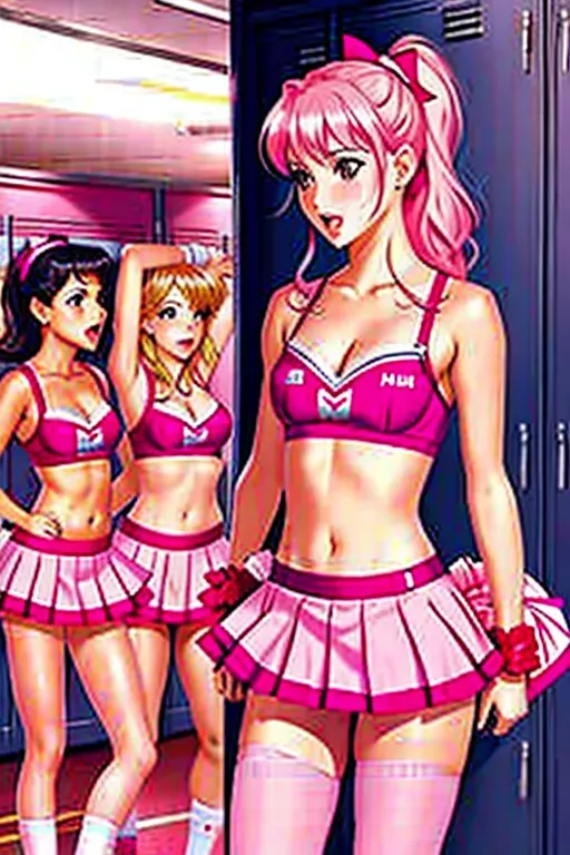 Sissy Man in pink lingerie getting laughed at by cheerleaders in a locker room