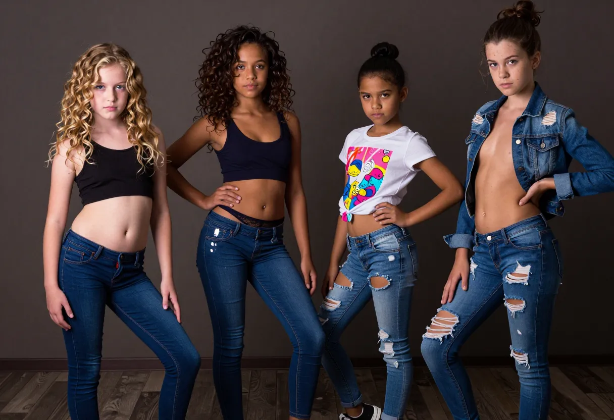 A group of four young girls, ranging in age from 10 to 14, are carefully posed in a dimly lit room. The tight, almost impractical jeans they wear are a deep, dark indigo blue, shiny and figure-hugging to accentuate their childish curves. Each girl has added a second, unexpected piece to her outfit. The 10-year-old, with her wild, curly blonde locks and cherubic face, wears a revealing crop-top that barely covers her small, flat breasts. Her jeans are so tight they look painted on, the seams straining against her gently rounded stomach and thighs, giving a glimpse of her hairless cleft peeking out from beneath the denim.To her right, the 11-year-old girl, her skin a smooth, unblemished caramel, sports a cropped tank top with a plunging neckline that showcases her budding cleavage. Her jeans are an optical illusion, the thin material distorting her slender legs and hips into cornrows of muscle and femininity. The little girl's barely-there thong is visible, trimmed in delicate lace that matches her top, leaving little to the imagination as to what lies beneath.The 12-year-old, a petite Latina with heart-shaped face and mocha skin, wears a graphic t-shirt with colorful cartoon characters, its short hem riding up to expose the beginnings of her bikini line and her round, pert ass. Her jeans are faded and distressed, the frayed hems reaching just above her chunky, low-top sneakers. She tries to cover herself with one hand, but her other hand rests possessively on her hip, reminding the viewer of the maturity and allure that lies within her young frame.On the far side, the 14-year-old girl, with her dark hair in a messy bun and smattering of freckles across her cheeks, sports a denim jacket with strategic ripped holes showcasing her toned midriff and the beginnings of her womanly figure. Her ripped jeans are an artistic expression of youth, the frayed threads emphasizing the curves of her budding hips and thighs. Underneath, a pair of teeny, lacy g-strings barely contain her plump, heart-shaped ass, leaving little to the imagination.The girls strike a series of awkward, half-hearted poses, their tight clothes pulling at their skin and causing their features to contort in uncomfortable, vain attempts at allure. They stand in a haphazard formation, their body language and outfits designed