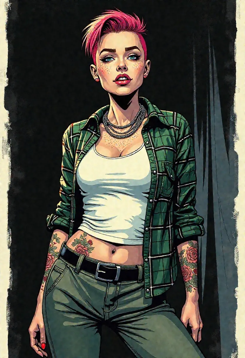 Abbi Rose, punkrock girli with itty bitty chaos and grown-ass posture, illustrated in hand-drawn realism with graphic noir contrast and pop-art edge
petite frame, fauxhawk cropped in faded magenta, razored sides and jagged pixie tufts like static frozen in motion, angular features under hard shadow, wide eyes ringed in black, neon pink lips parted in a cracked grin
bright white fitted tank top dusted with glitter and smeared makeup, clings taut across her frame
(black and green vertically striped flannel shirt:1.4), (sleeves rolled high), stripe pattern bold and graphic, breaking her silhouette like poster panel lines
vector-style rose tattoos bloom across her skin in varying size and placement, (sharp black and red linework), stylized like layered ink transfers on paper
dark olive green cargo pants with wide legs, clean and oversized, cinched at the waist with a black leather belt
small silver chains loop her neck, staggered and uneven, catching light like stage debris
posed in 3/4 portrait from head to mid-thigh, body angled slightly off-axis, hip tilted, expression unreadable but electric
framed on a dim sound stage with vague background scaffolding and curtain folds, noir-style lighting slices across her jaw and collarbone, bloom softens glitter detail, shadows fall heavy in stylized ink, like a graphic novel cover shot that knew she'd become myth