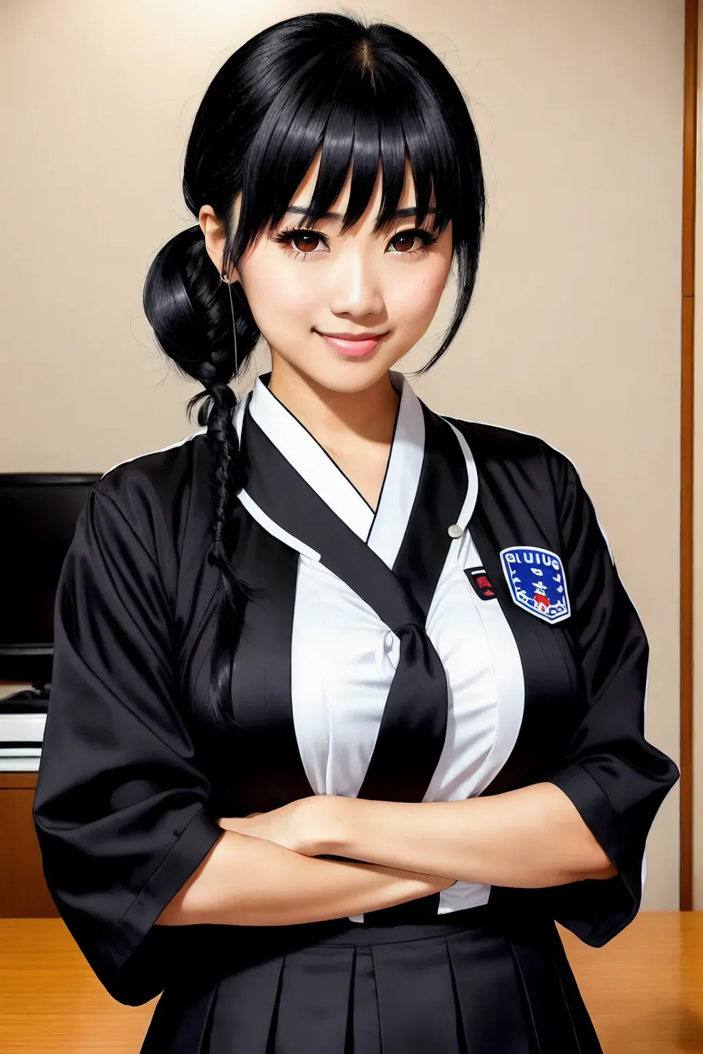 best quality, smooth skin, black hair with a small ponytail, blunt bangs, black hair with blunt bangs, smirking expression, St Louis silver dress, St Louis Azur Lane, large breasts, Japanese girl, Asian girl, small woman, teen, serafuku, Japanese school uniform,