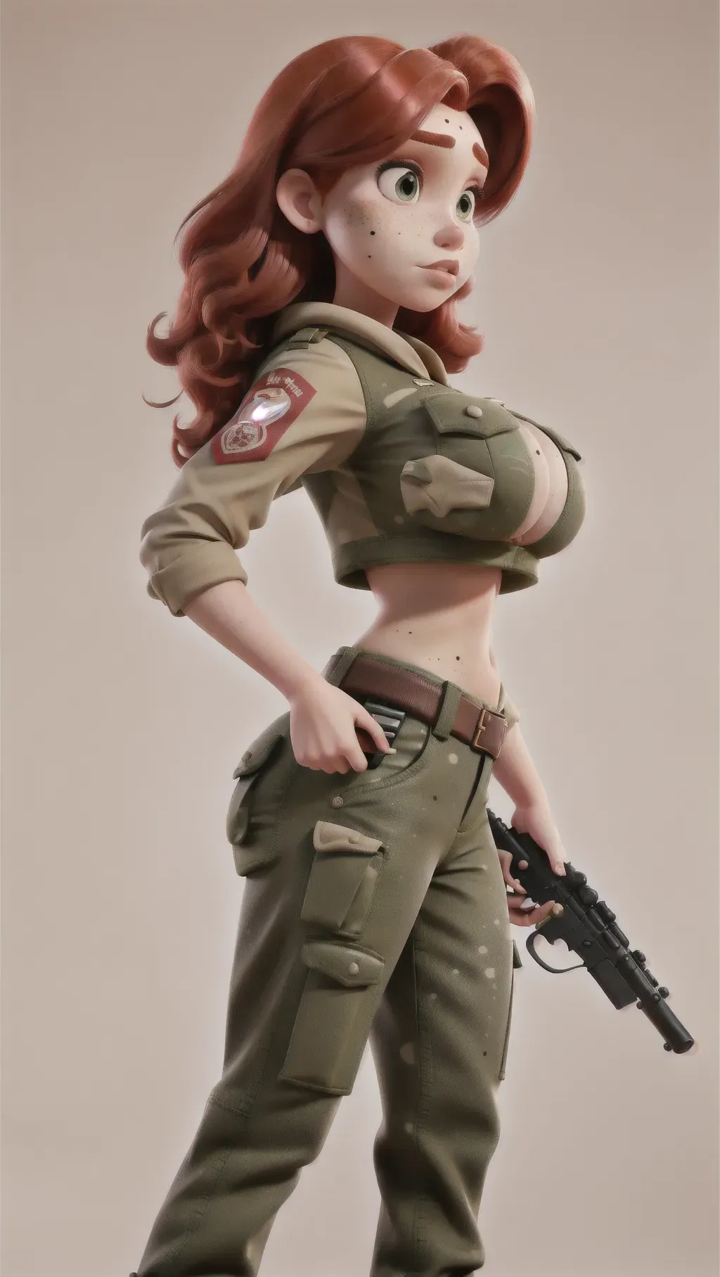 Photo gorgeous attractive face, huge bimbo lips, enormous gigantic boobs, (gigantic boobs), red hair, freckles and moles, nipples that point, slim waist, military outfit, holding a gun, looking serious, big ass, tight pants, extremely photorealistic, side view, best quality, ultra high resolution