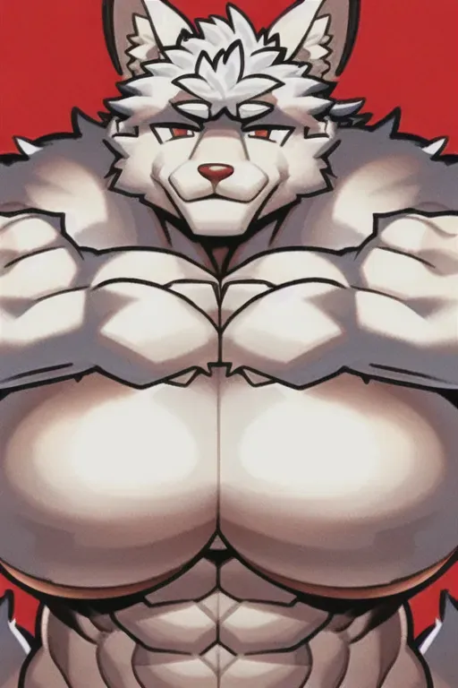 flexing furry with white fur,has huge muscles, and has big boobs