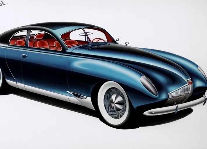 A rendering in airbrush, marker, and colored pencil, of the (full body view) of a sleek sedan concept car styled after cars of the 1940's